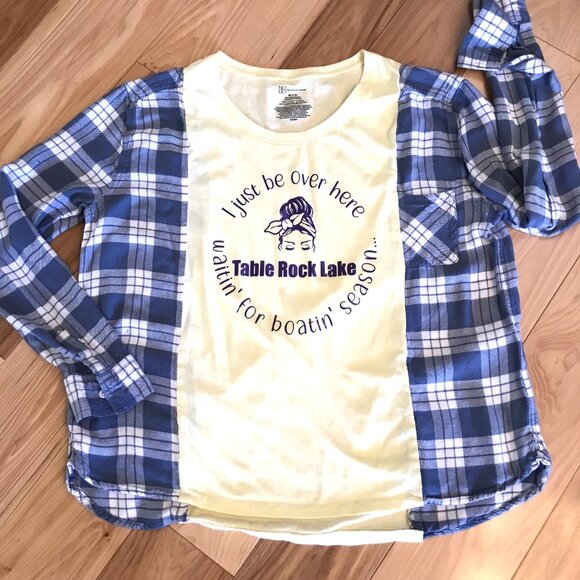 Reworked Flannel Tee, S-M: Table Rock Lake Lightweight Upcycled Shirt Remake - Picture 8 of 11